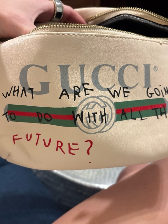 Gucci Other - Gucci Beige Leather Cosmetic Pouch with Signature Green-Red Web and Script